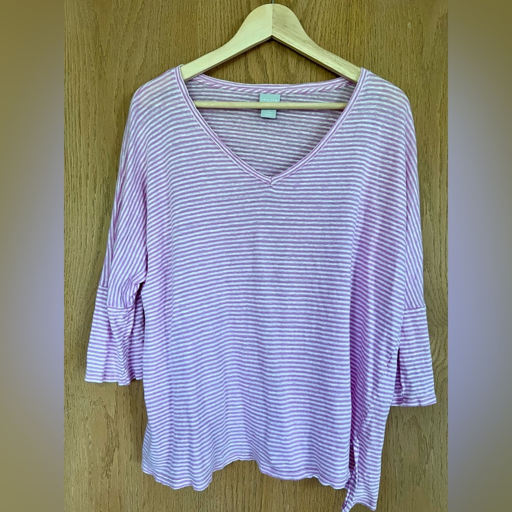Chico's Pink and White Striped V-Neck Top size large